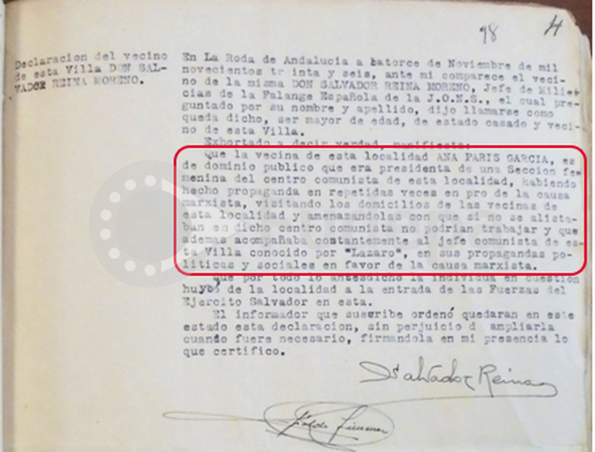 Declaración de Salvador Reina Moreno, Jefe de Milicias de la Falange Española y de la JONS de la Roda de Andalucía, el 14 de noviembre de 1936.