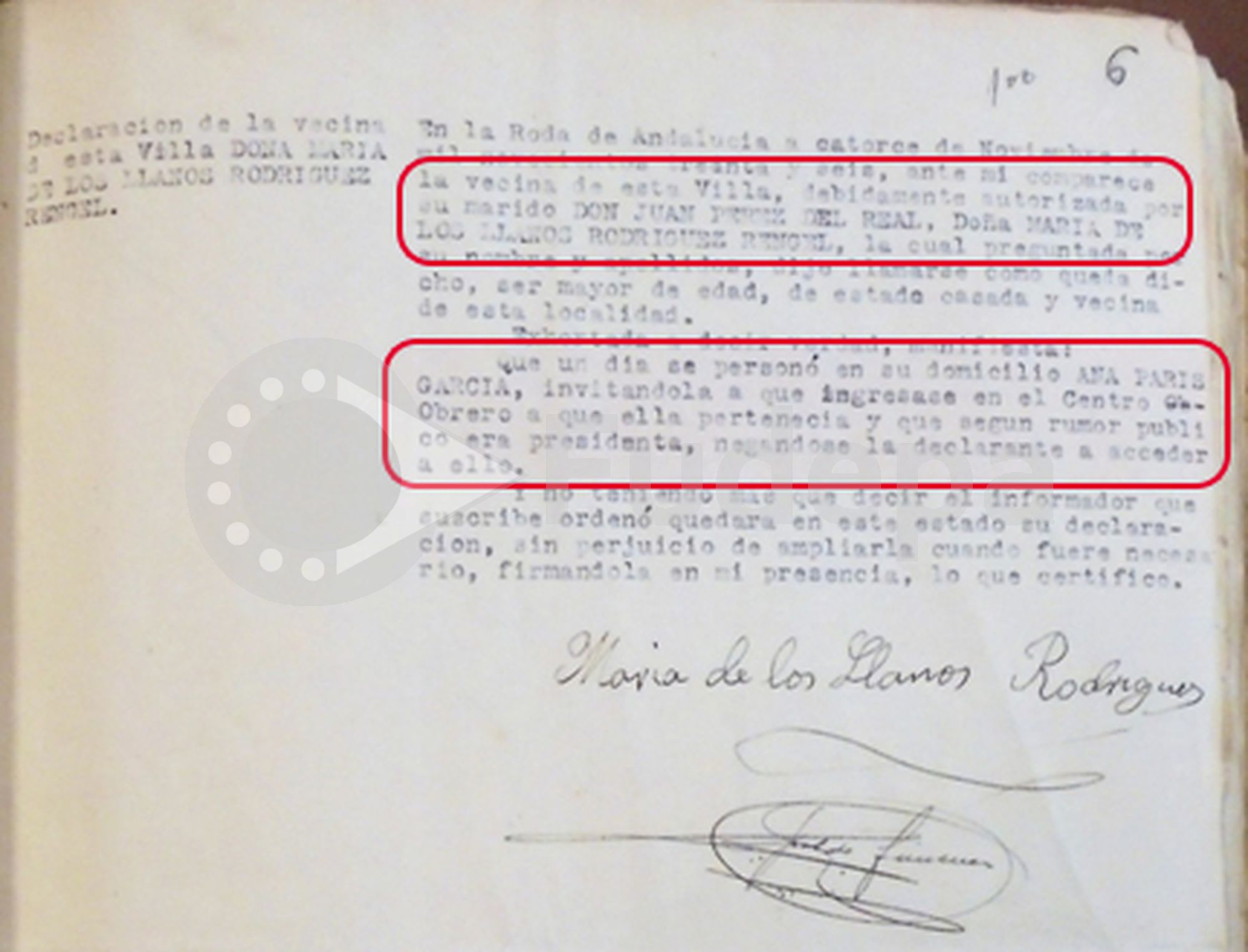 Declaración de María de los Llanos Rodríguez Rengel, debidamente autorizada por su marido, sobre la invitación que recibió de Ana París para que se afiliara al centro obrero al que ella pertenecía y del que era su presidenta.
