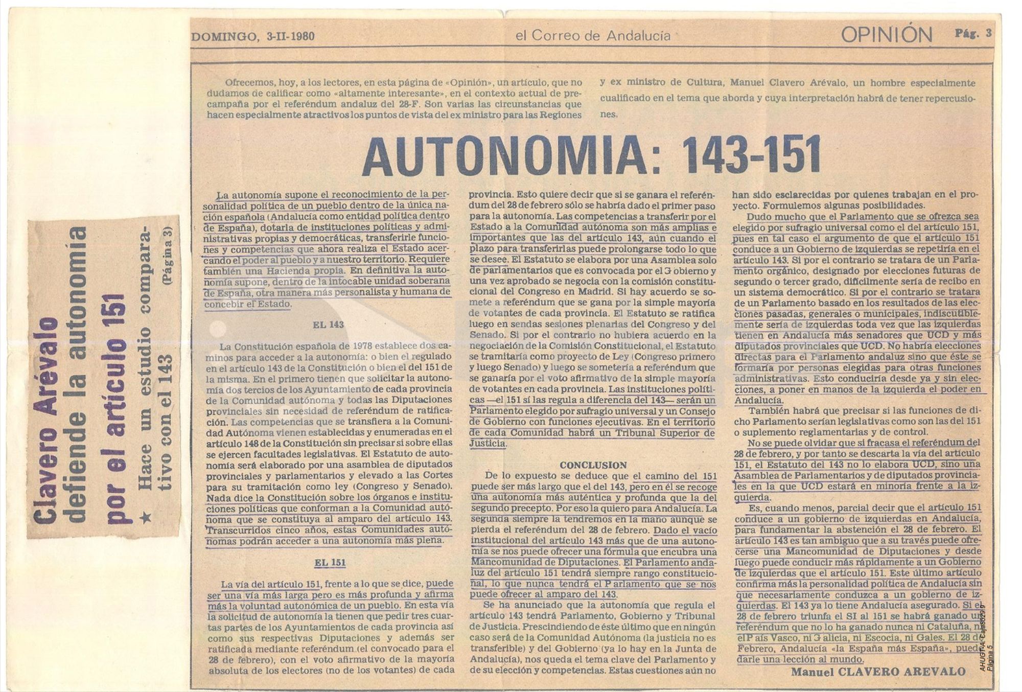 Estudio comparativo entre el artículo 145 y 151 de la Constitución realizado por Clavero Arévalo para El Correo de Andalucía, publicado el 3 de febrero de 1980