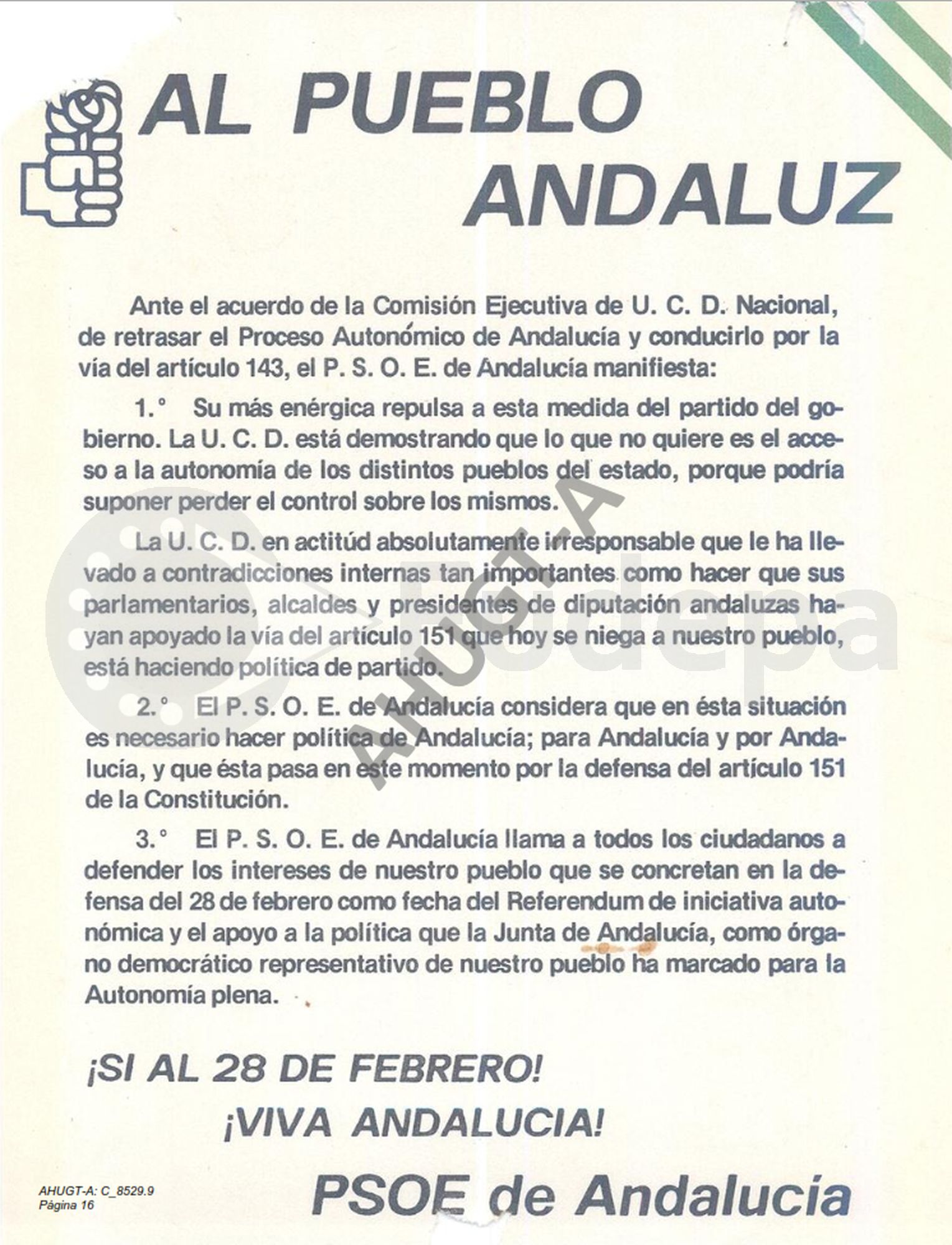 Comunicado del PSOE de Andalucía al pueblo andaluz defendiendo el acceso a la autonomía por el artículo 151 de la Constitución