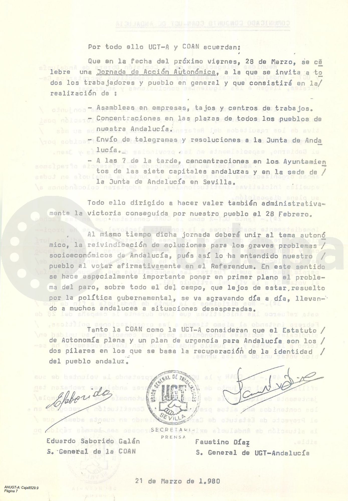 Comunicado conjunto de UGT y CCOO, de marzo de 1980, en defensa de la autonomía andaluza tras el Referéndum del 28F (página 2)