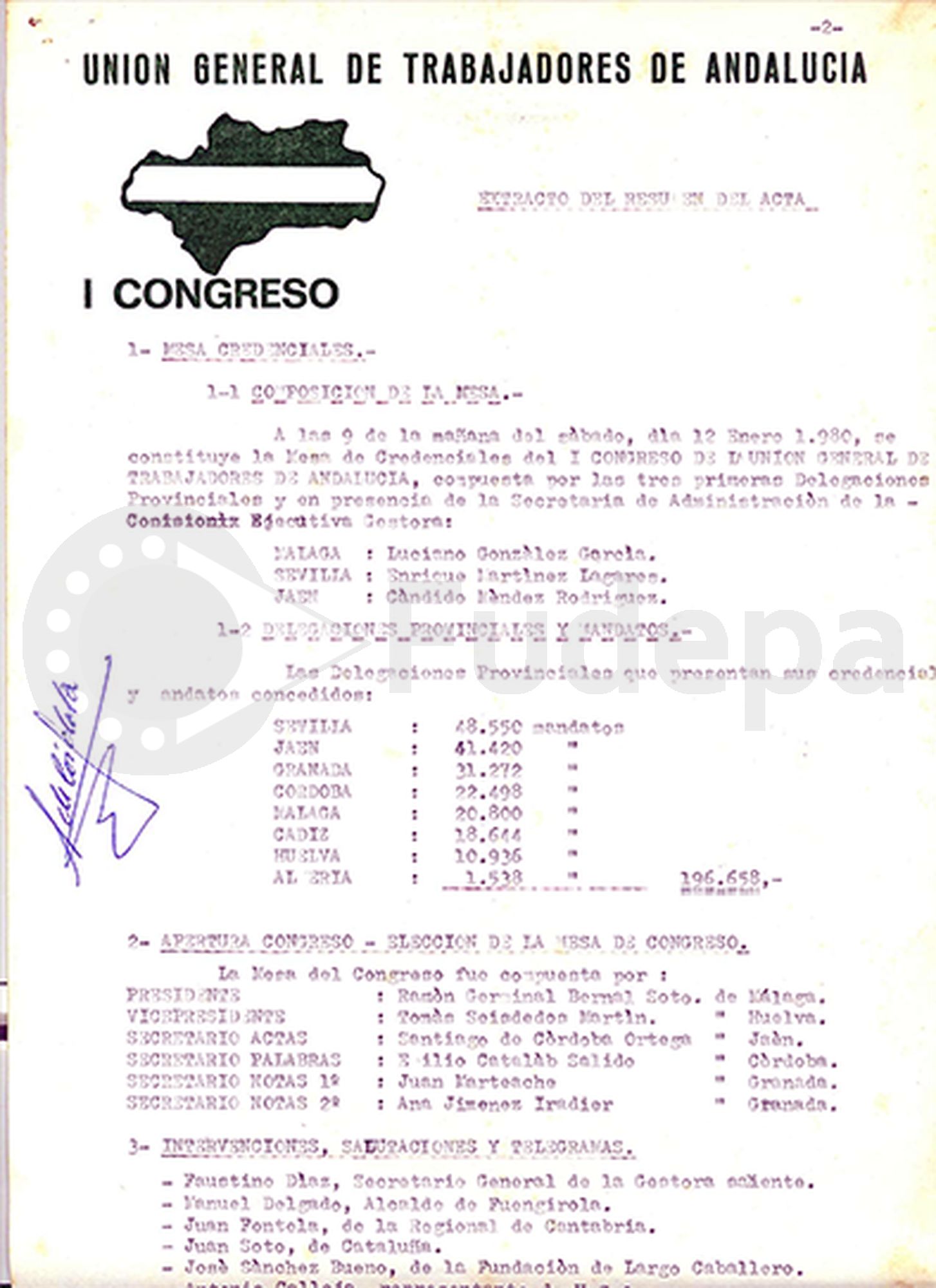 I Congreso de UGT-Andalucía: Actas. Fuengirola, 12 de enero de 1980. FUDEPA. AHUGT-A: C_375/12, 7057/2, 1