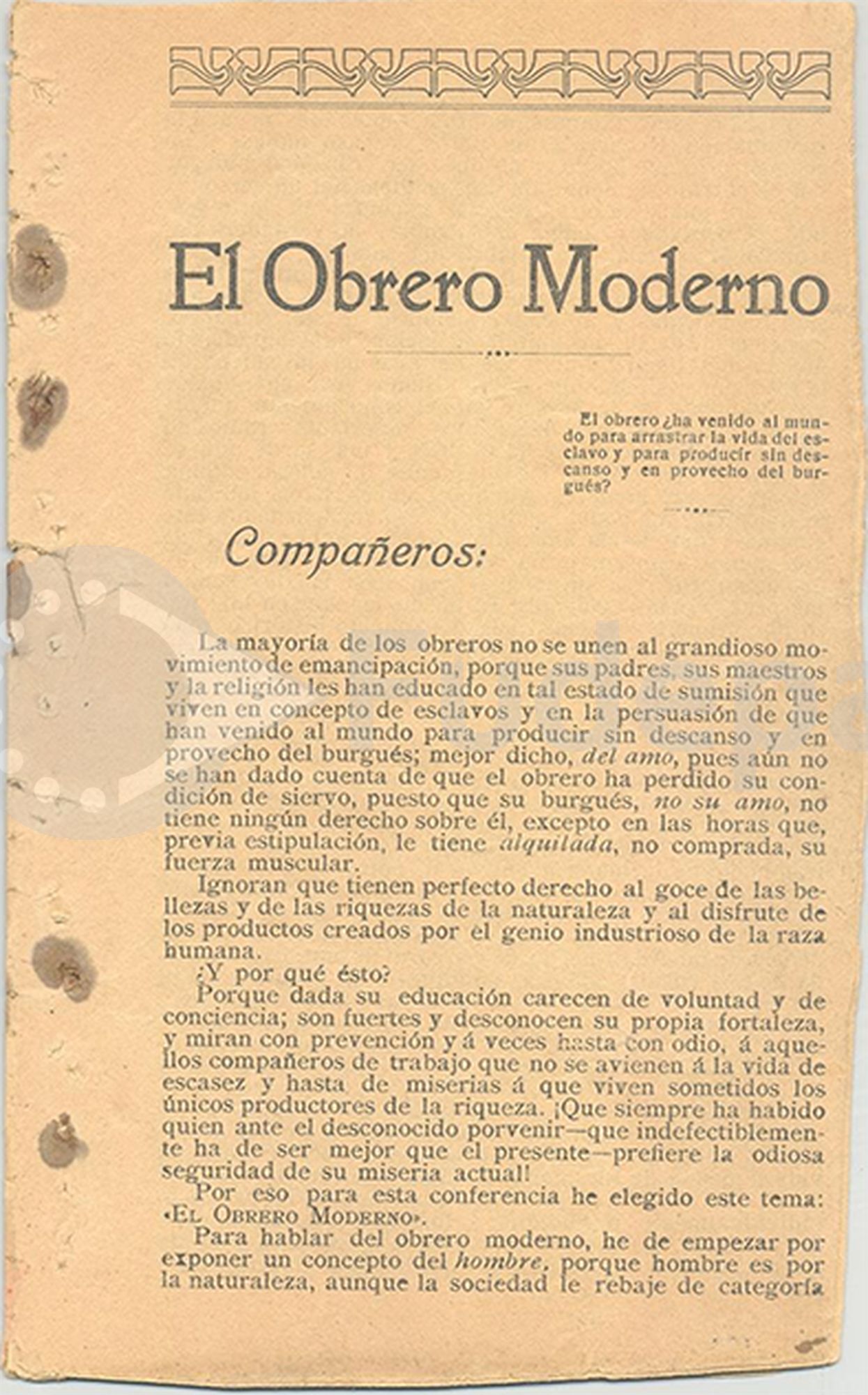 El obrero moderno. Conferencia de Tomás Herreros, dirigente anarcosindicalista y tipógrafo. [1911]. Donado por Rafaela Sanz Hucha. FUDEPA. AHUGT-A: 12876.38